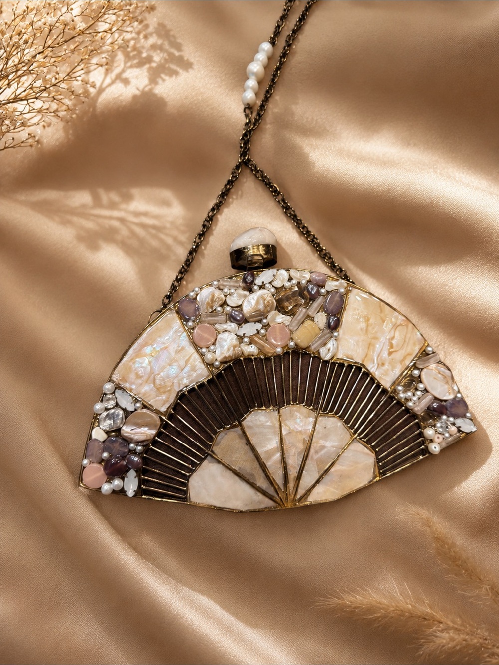 Handcrafted Pearl & Shell Fan Clutch - Cream, Pink & Gold